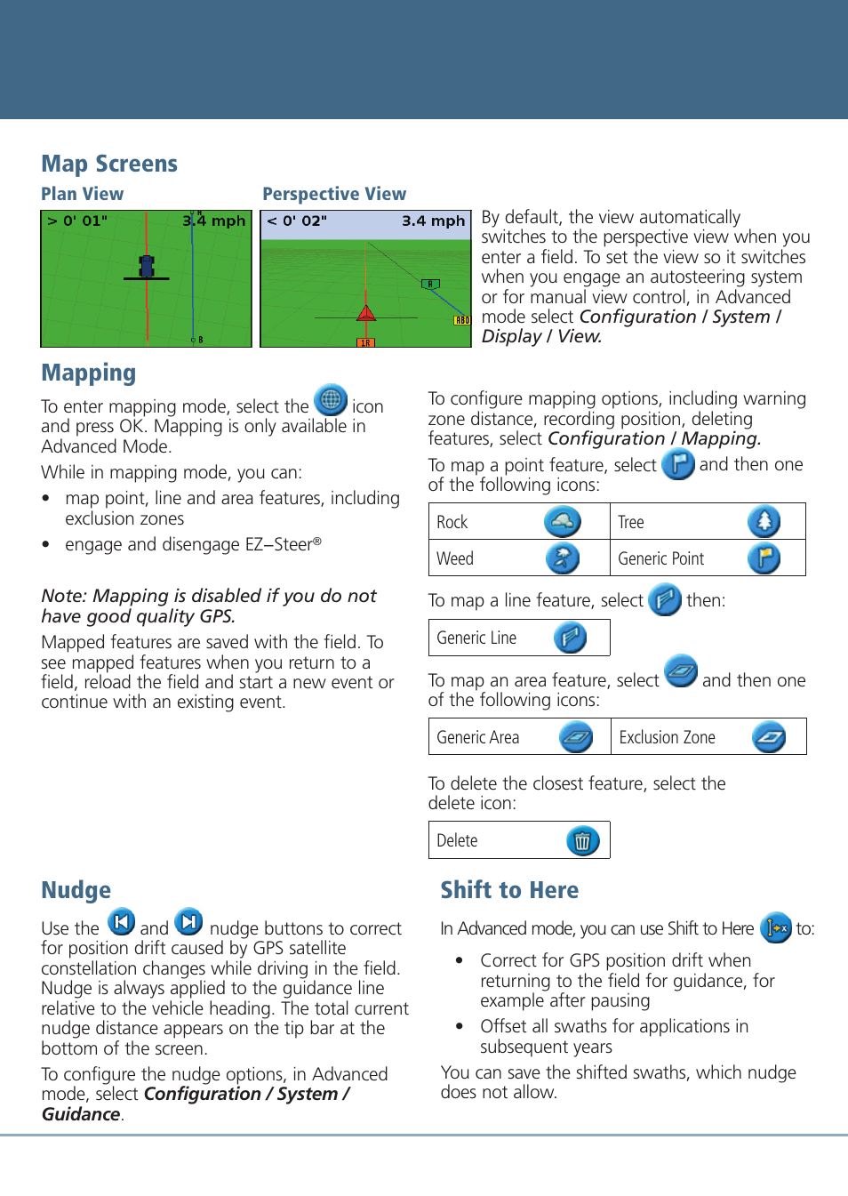 Ez-guide, 250 lightbar guidance system ez-guide, 250 lightbar guidance system quick reference card | Mapping, Map screens, Nudge, Shift to here | Ag Leader EZ-Guide 250 Quick Reference Guide User Manual | Page 5 / 6