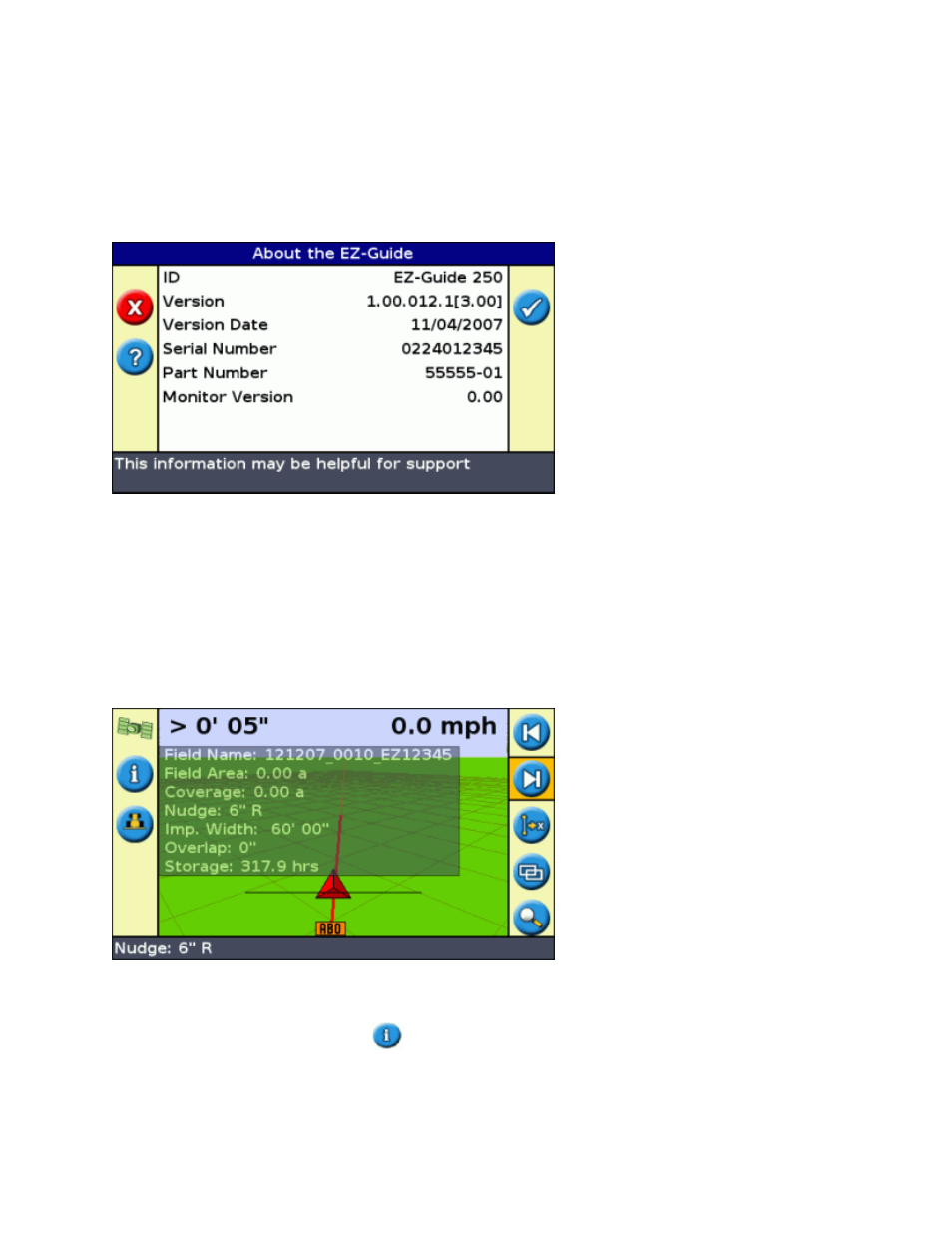 Obtaining information from the lightbar, The about the ez-guide screen, Information tabs | The about the ez−guide screen information tabs, The about the ez−guide screen | Ag Leader EZ-Guide 250 Getting Started Guide User Manual | Page 82 / 83