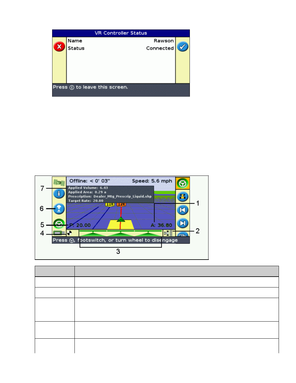 On-screen features with a rawson controller, On−screen features with a rawson controller | Ag Leader EZ-Guide 500 Variable Rate Getting Started Guide User Manual | Page 38 / 41