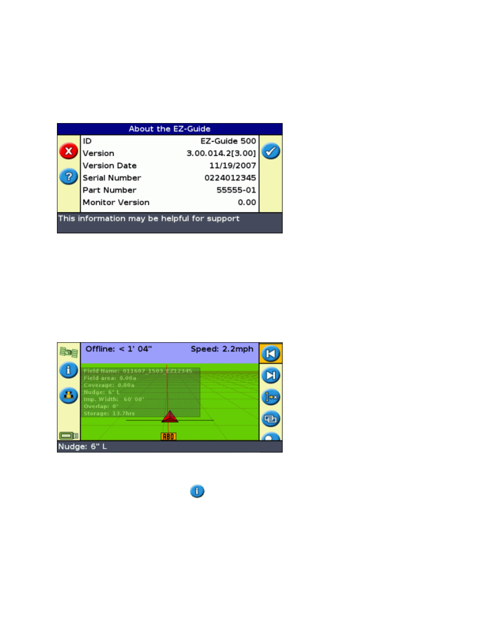 Obtaining information from the lightbar, The about the ez-guide screen, Information tabs | Status screens, The about the ez−guide screen | Ag Leader EZ-Guide 500 Getting Started Guide User Manual | Page 94 / 105