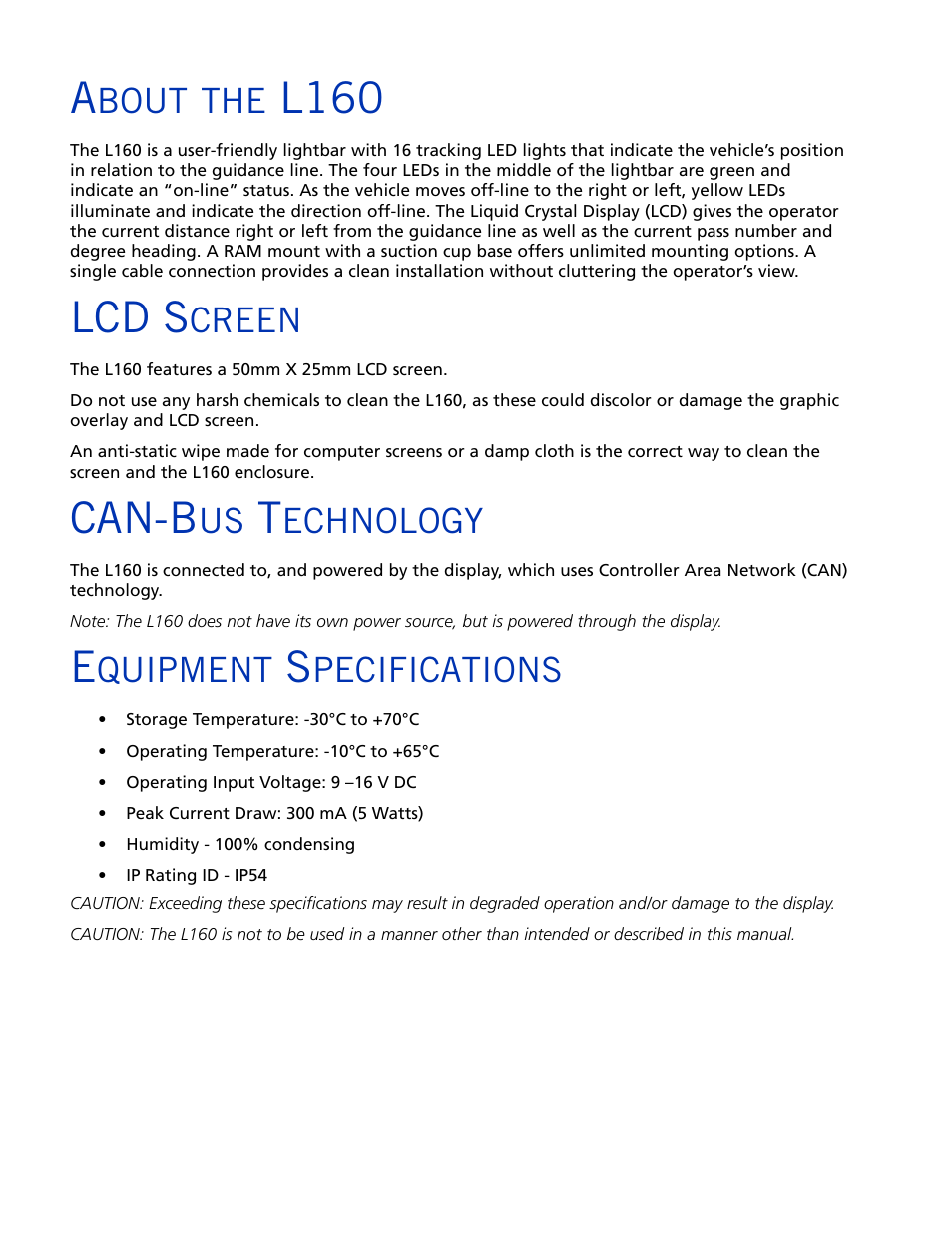 About the l160, Lcd screen, Can-bus technology | Equipment specifications, L160, Lcd s, Can-b, Bout, Creen, Echnology | Ag Leader L160 - Lightbar User Guide User Manual | Page 2 / 6
