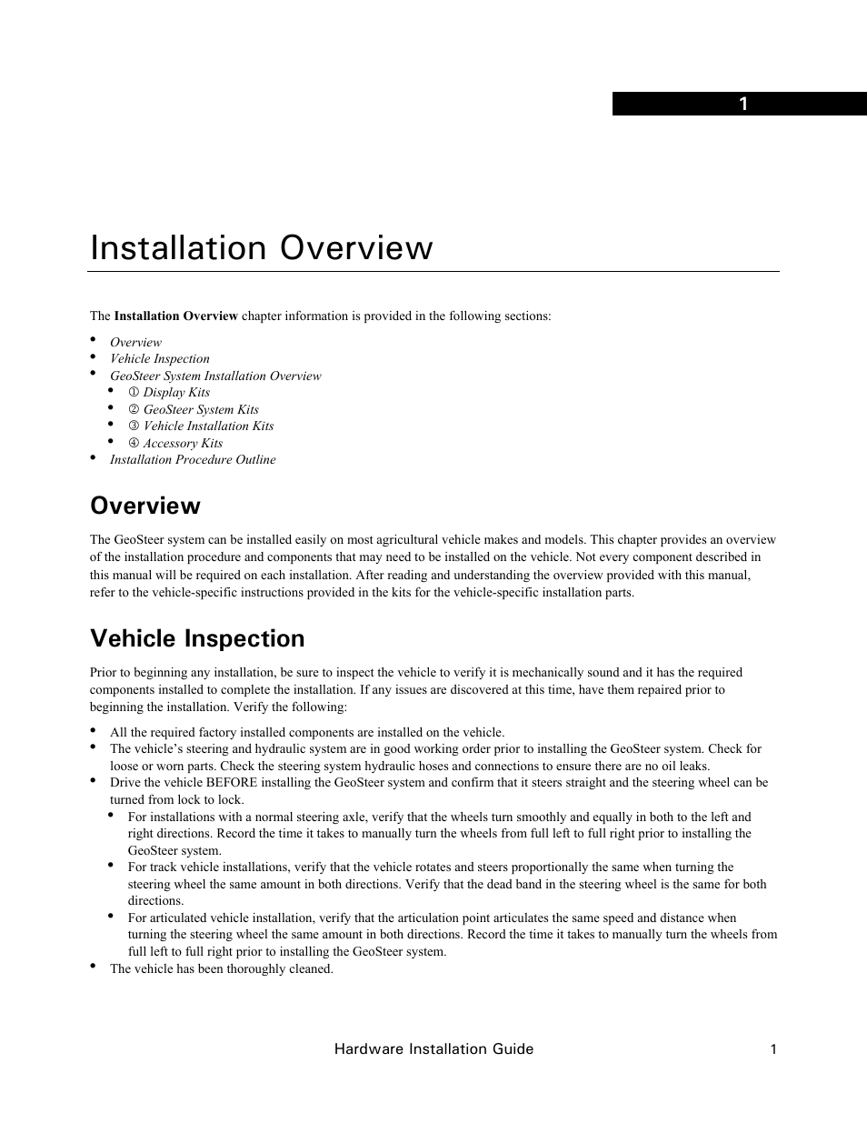 Installation overview, Overview, Vehicle inspection | Ag Leader GeoSteer Installation Manual User Manual | Page 11 / 58