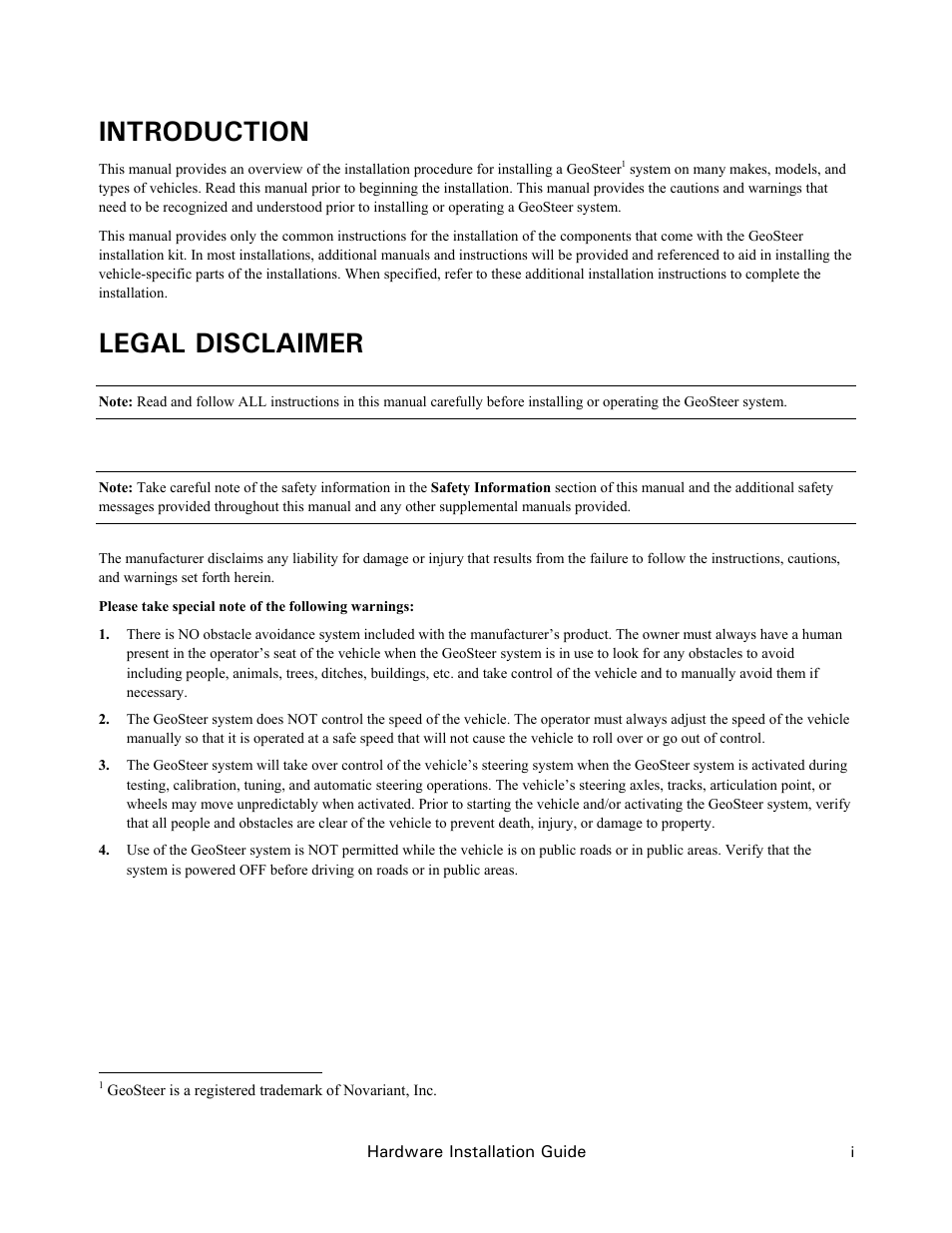 Introduction, Legal disclaimer | Ag Leader GeoSteer Installation Manual User Manual | Page 3 / 58