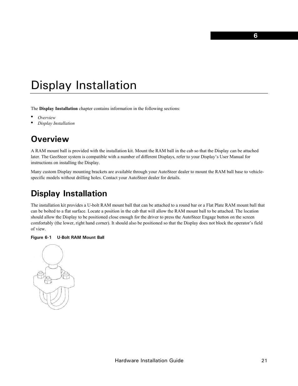 Display installation, Overview | Ag Leader GeoSteer Installation Manual User Manual | Page 31 / 58