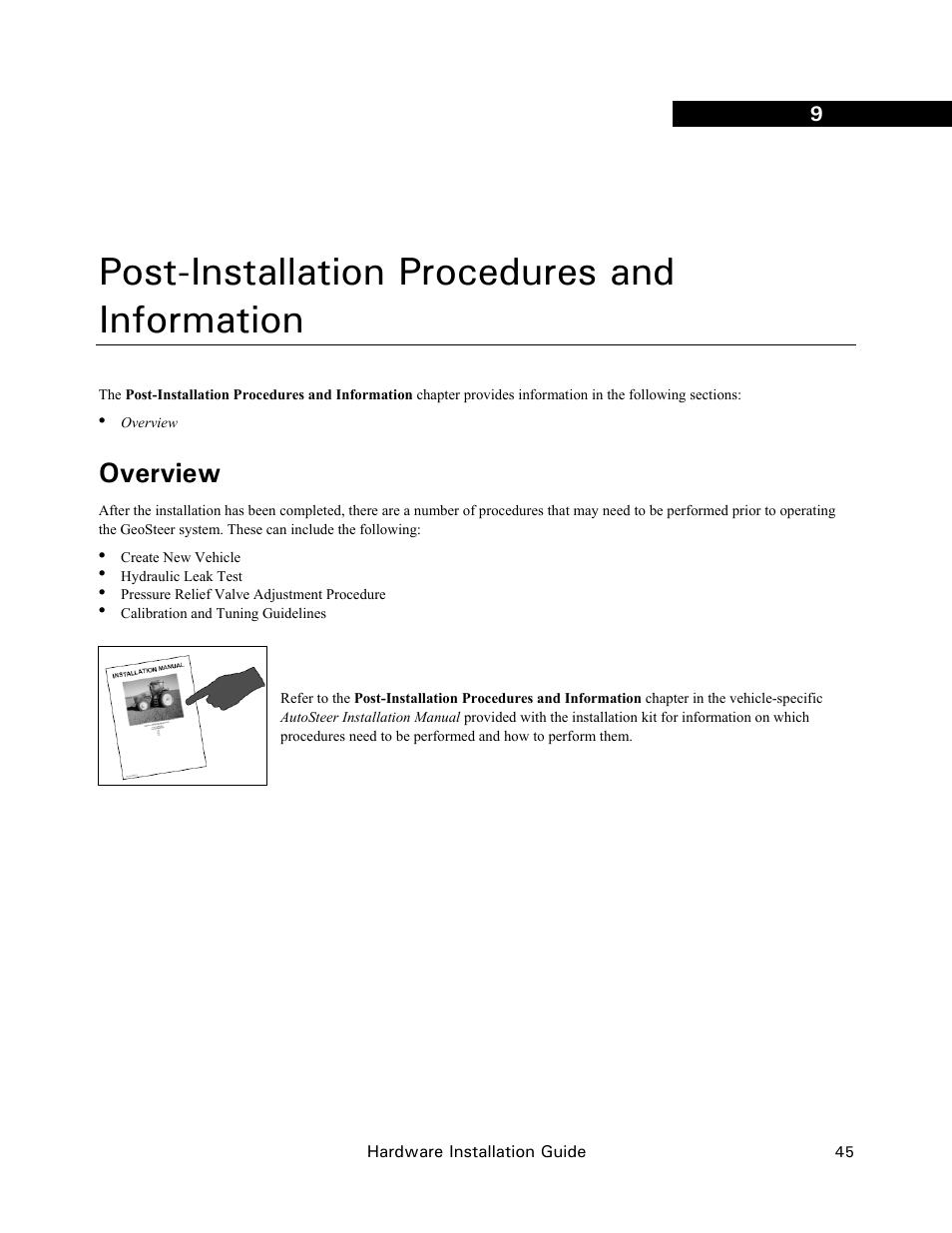 Post-installation procedures and information, Overview | Ag Leader GeoSteer Installation Manual User Manual | Page 55 / 58