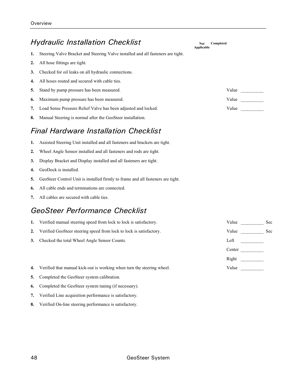 Hydraulic installation checklist, Final hardware installation checklist, Geosteer performance checklist | Ag Leader GeoSteer Installation Manual User Manual | Page 58 / 58
