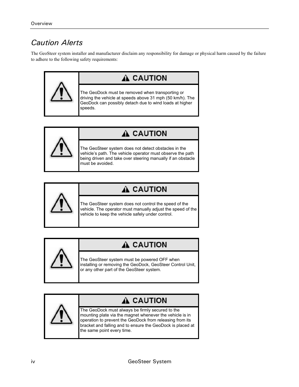 Caution alerts | Ag Leader GeoSteer Installation Manual User Manual | Page 6 / 58