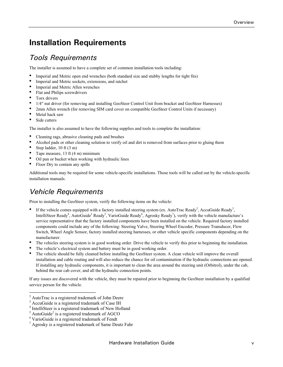 Installation requirements, Tools requirements, Vehicle requirements | Ag Leader GeoSteer Installation Manual User Manual | Page 7 / 58