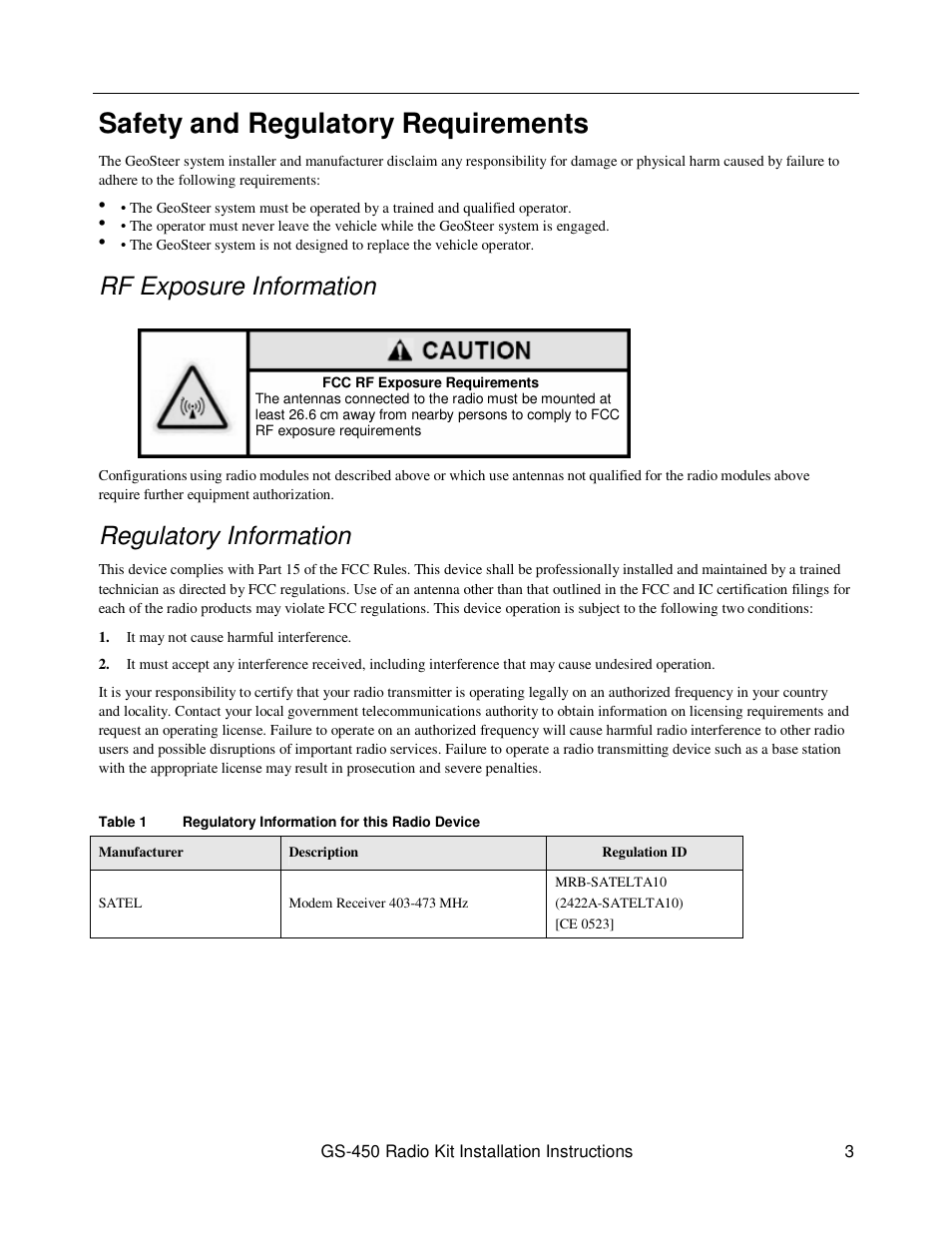 Safety and regulatory requirements, Rf exposure information, Regulatory information | Ag Leader GeoSteer RTK 4xx MHz Installation Manual User Manual | Page 3 / 9