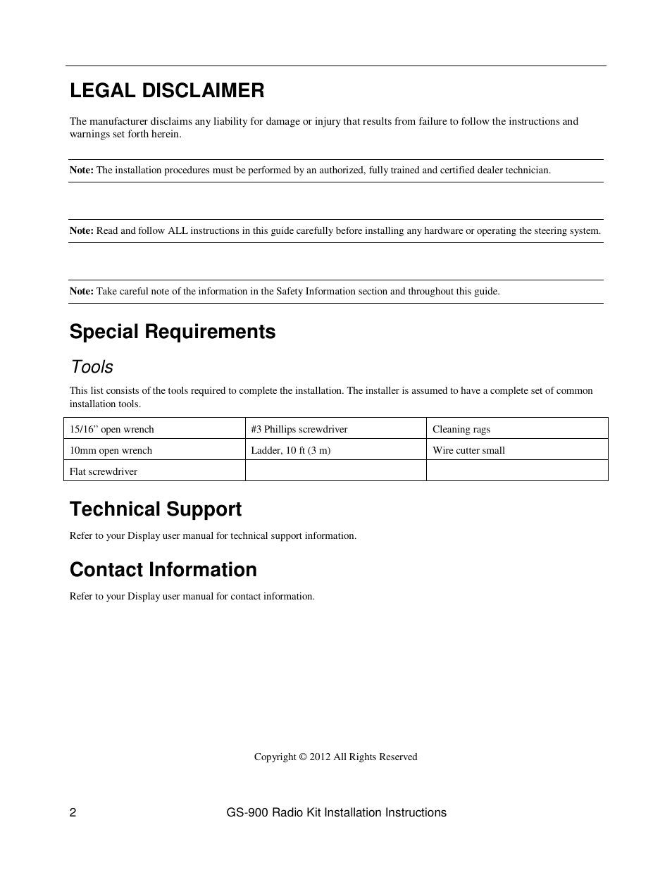 Legal disclaimer, Special requirements, Technical support | Contact information, Tools | Ag Leader GeoSteer RTK 900 MHz Installation Manual User Manual | Page 2 / 8