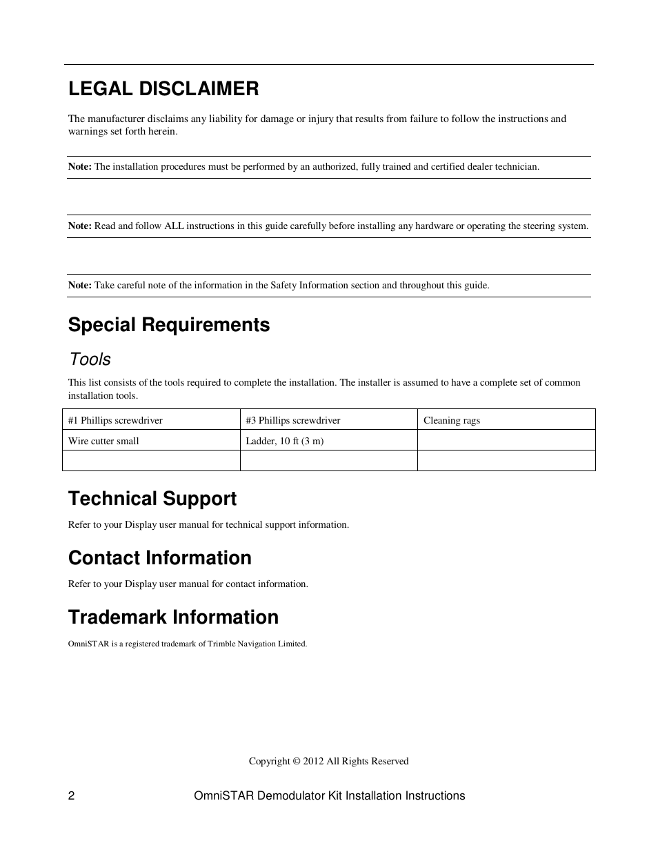 Legal disclaimer, Special requirements, Technical support | Contact information, Trademark information, Tools | Ag Leader GeoSteer OmniSTAR Demodulator Installation Manual User Manual | Page 2 / 9