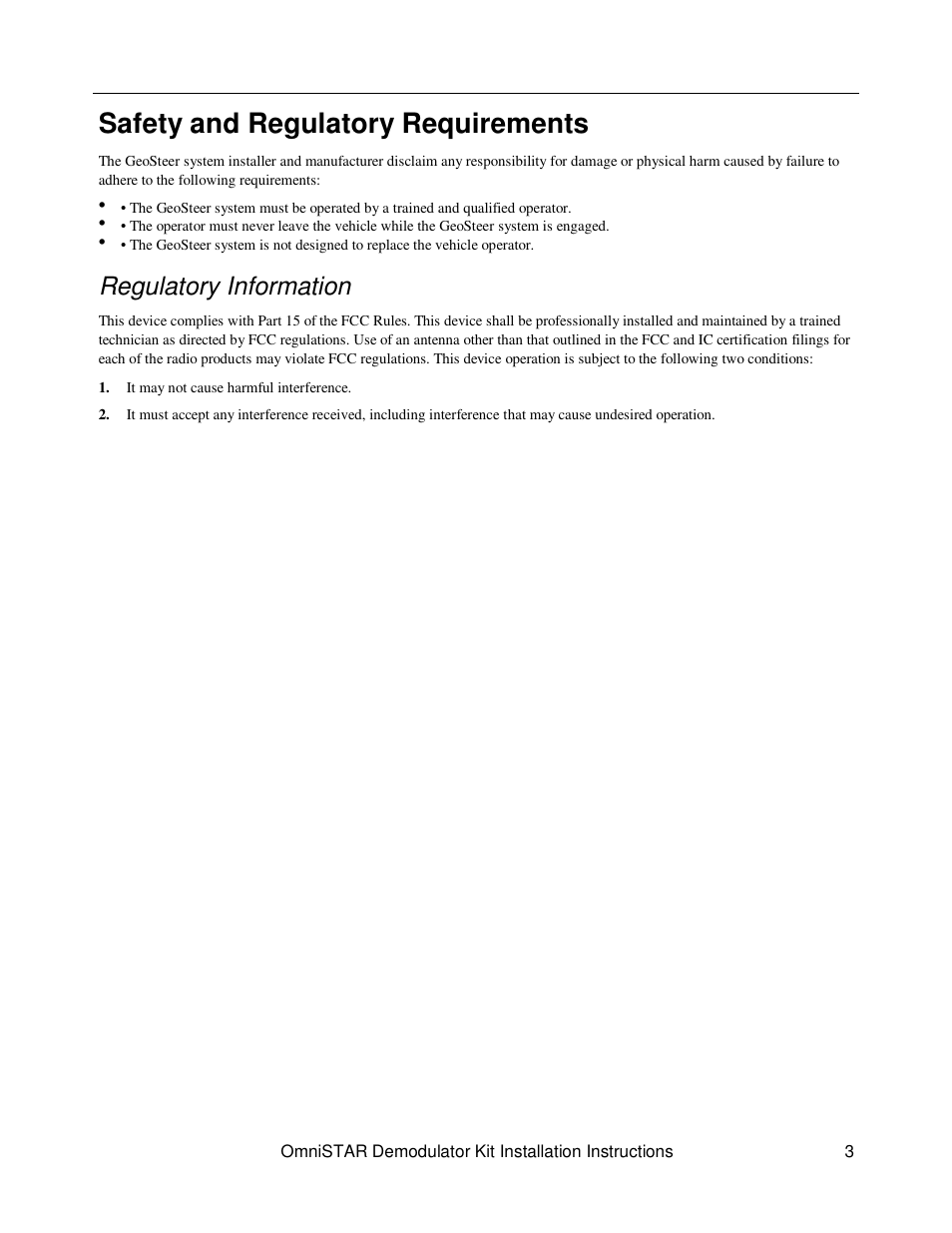 Safety and regulatory requirements, Regulatory information | Ag Leader GeoSteer OmniSTAR Demodulator Installation Manual User Manual | Page 3 / 9