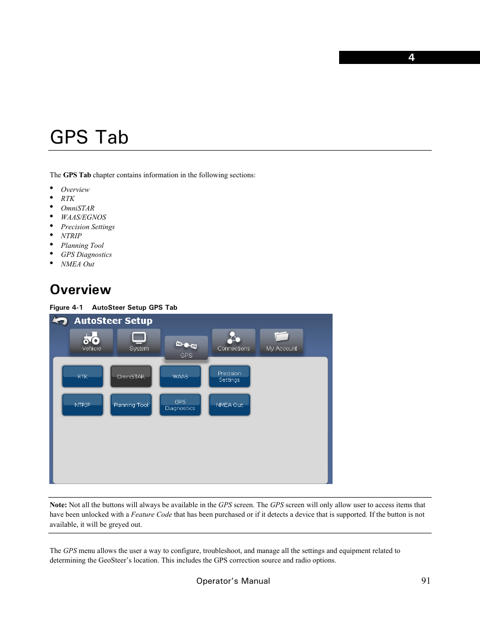 Gps tab, Overview | Ag Leader GeoSteer Operation Manual User Manual | Page 105 / 157