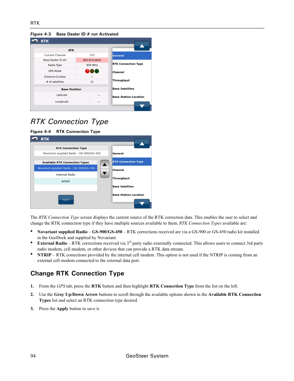 Rtk connection type, Change rtk connection type | Ag Leader GeoSteer Operation Manual User Manual | Page 108 / 157