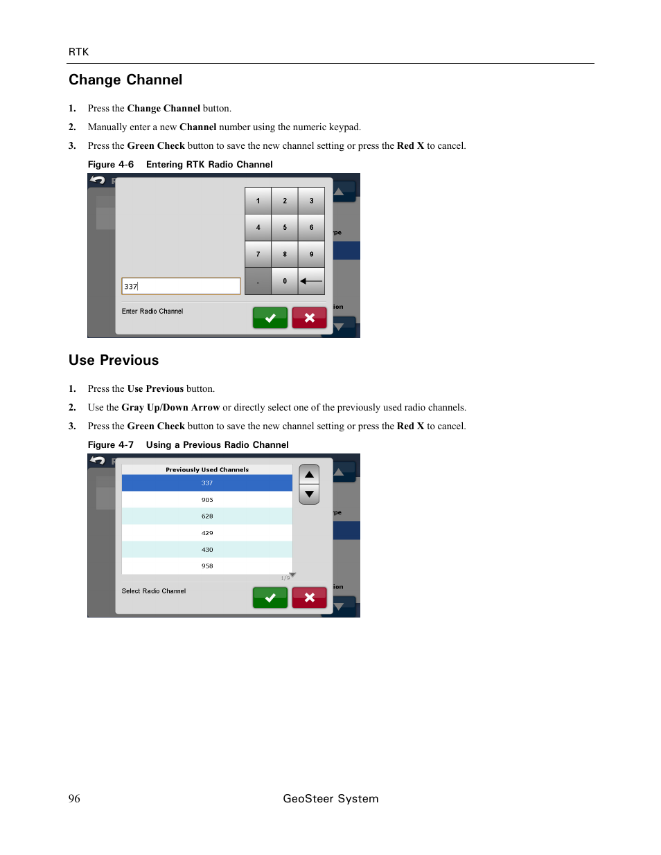 Change channel, Use previous | Ag Leader GeoSteer Operation Manual User Manual | Page 110 / 157
