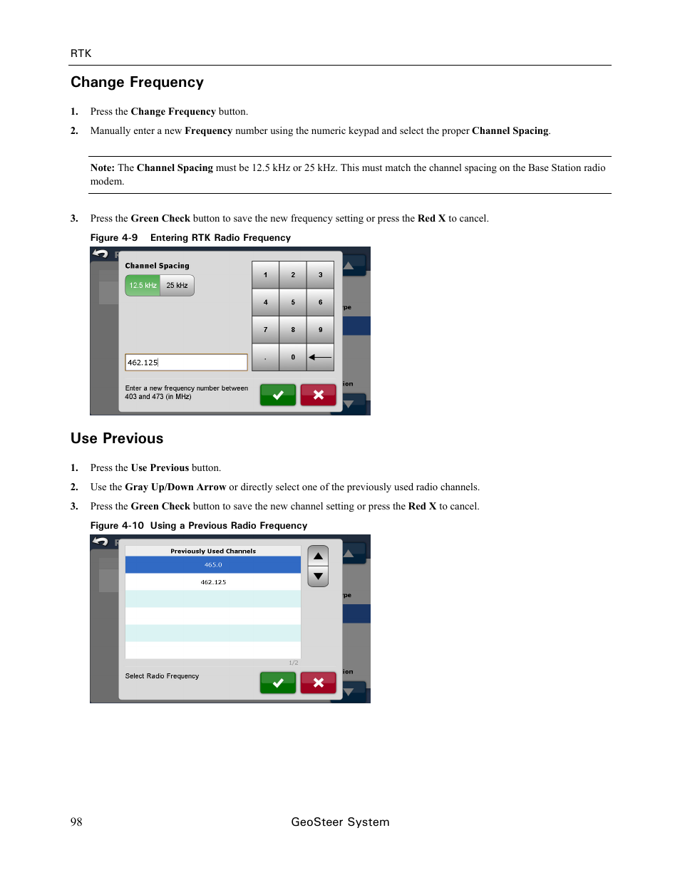Change frequency, Use previous | Ag Leader GeoSteer Operation Manual User Manual | Page 112 / 157