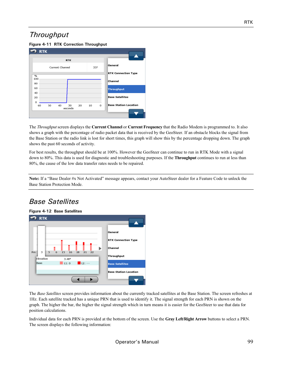 Throughput, Base satellites | Ag Leader GeoSteer Operation Manual User Manual | Page 113 / 157