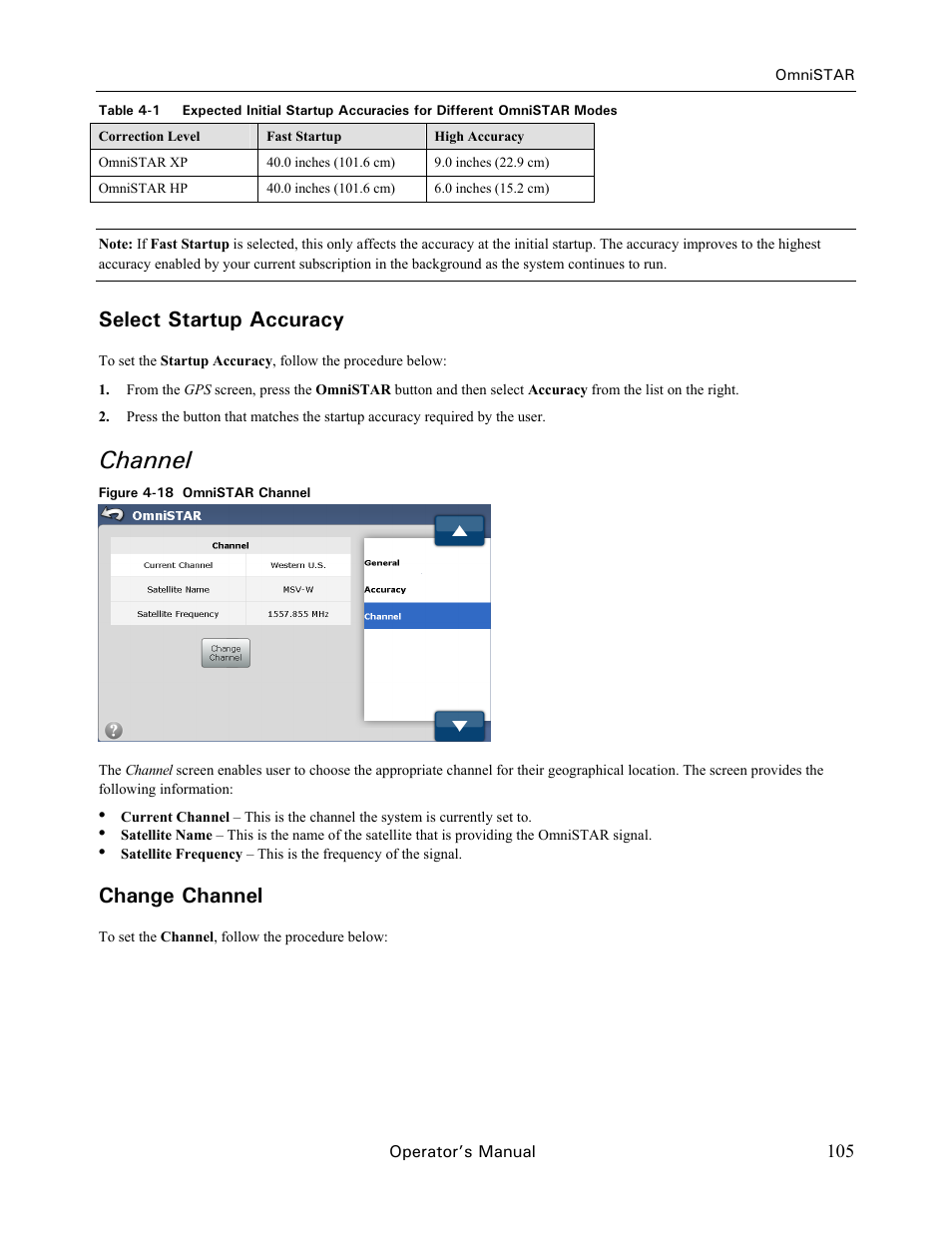 Channel, Select startup accuracy, Change channel | Ag Leader GeoSteer Operation Manual User Manual | Page 119 / 157