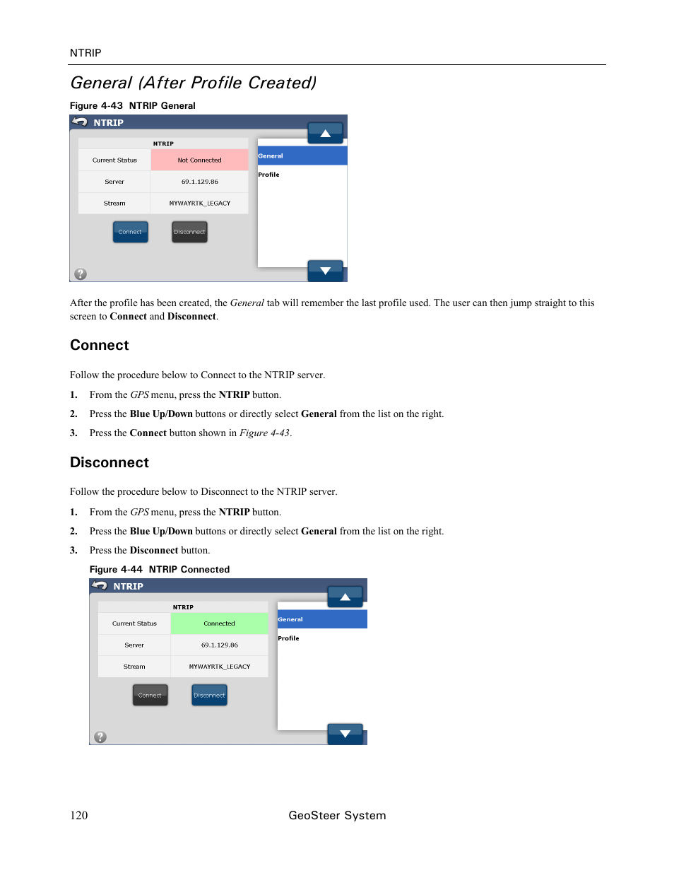 General (after profile created), Connect, Disconnect | Ag Leader GeoSteer Operation Manual User Manual | Page 134 / 157