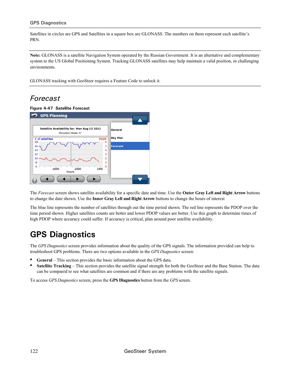 Gps diagnostics, Forecast | Ag Leader GeoSteer Operation Manual User Manual | Page 136 / 157