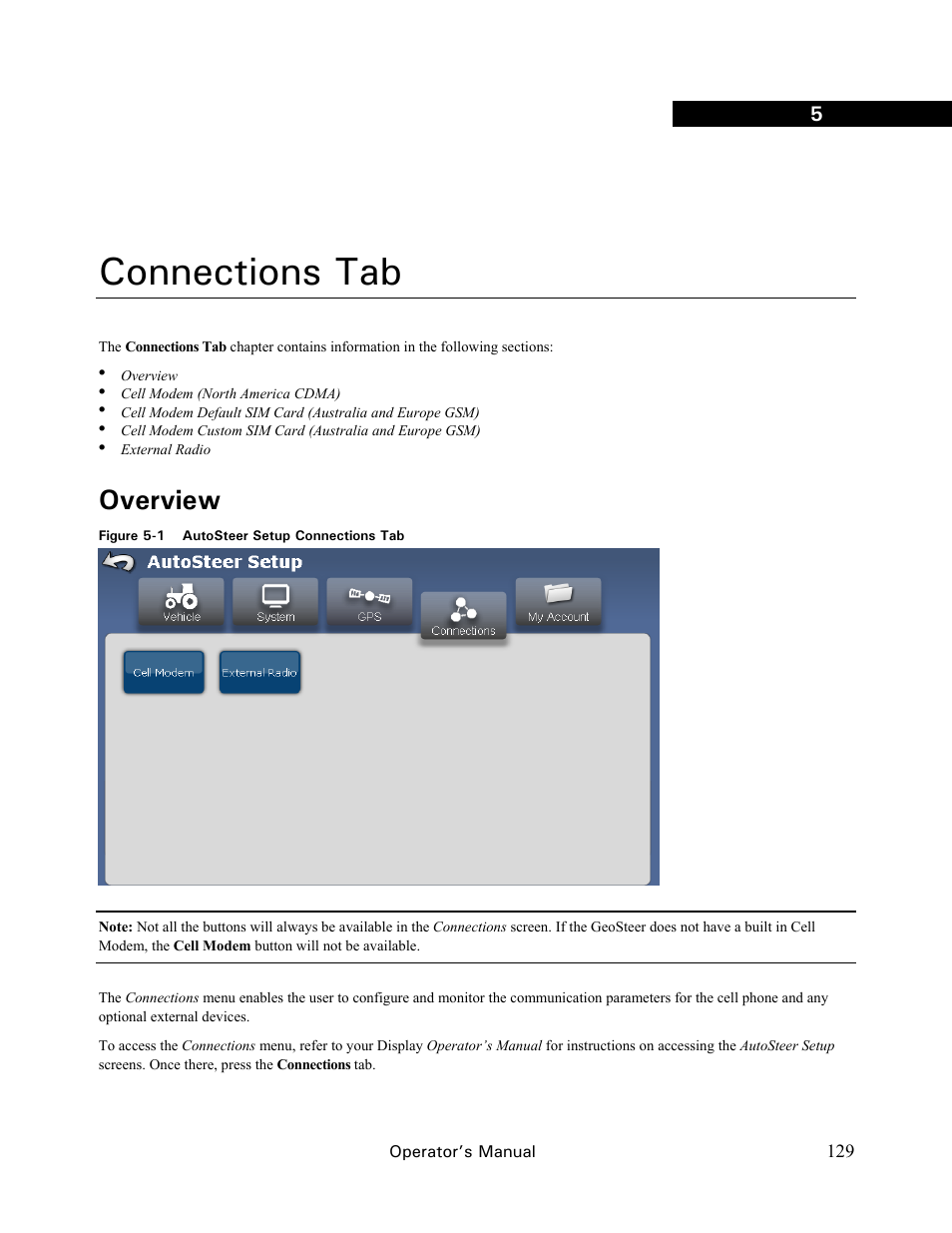 Connections tab, Overview | Ag Leader GeoSteer Operation Manual User Manual | Page 143 / 157