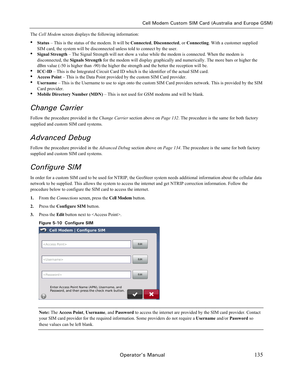 Change carrier, Advanced debug, Configure sim | Ag Leader GeoSteer Operation Manual User Manual | Page 149 / 157