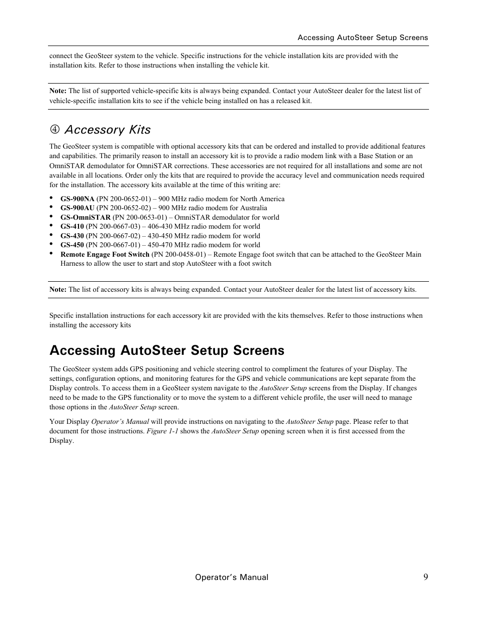 Accessing autosteer setup screens, 4accessory kits | Ag Leader GeoSteer Operation Manual User Manual | Page 23 / 157
