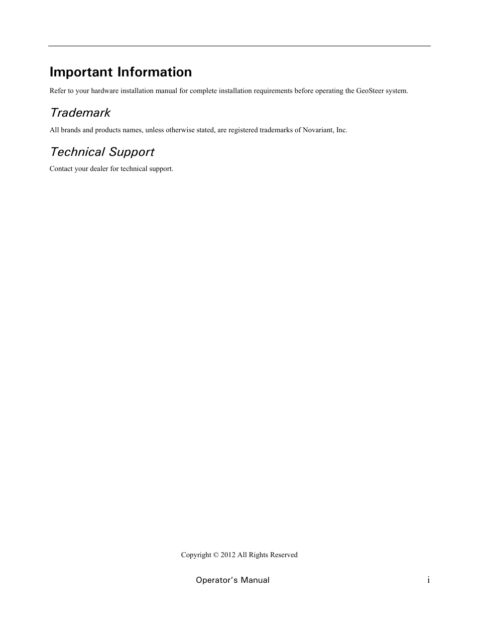Important information, Trademark, Technical support | Ag Leader GeoSteer Operation Manual User Manual | Page 3 / 157