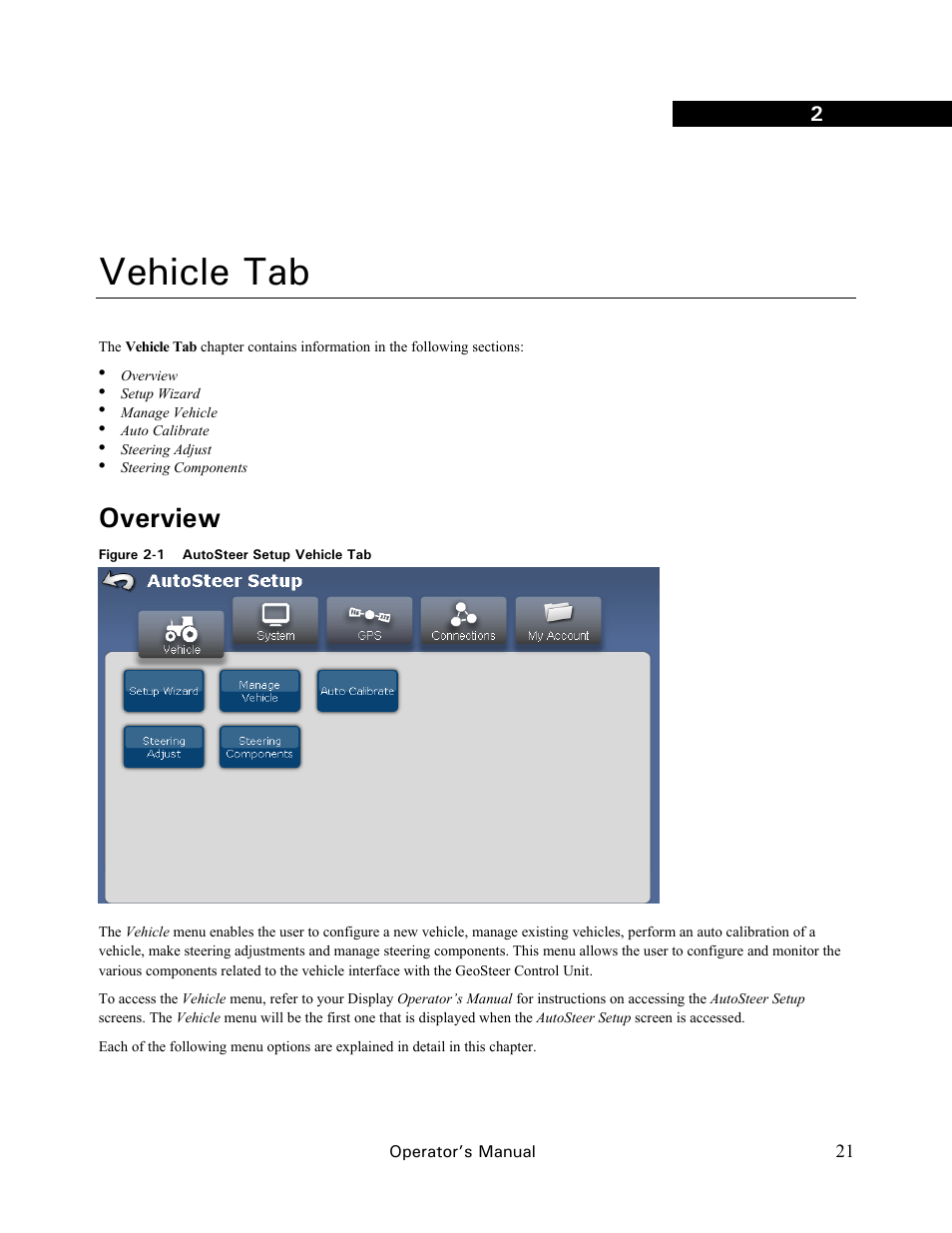 Vehicle tab, Overview | Ag Leader GeoSteer Operation Manual User Manual | Page 35 / 157