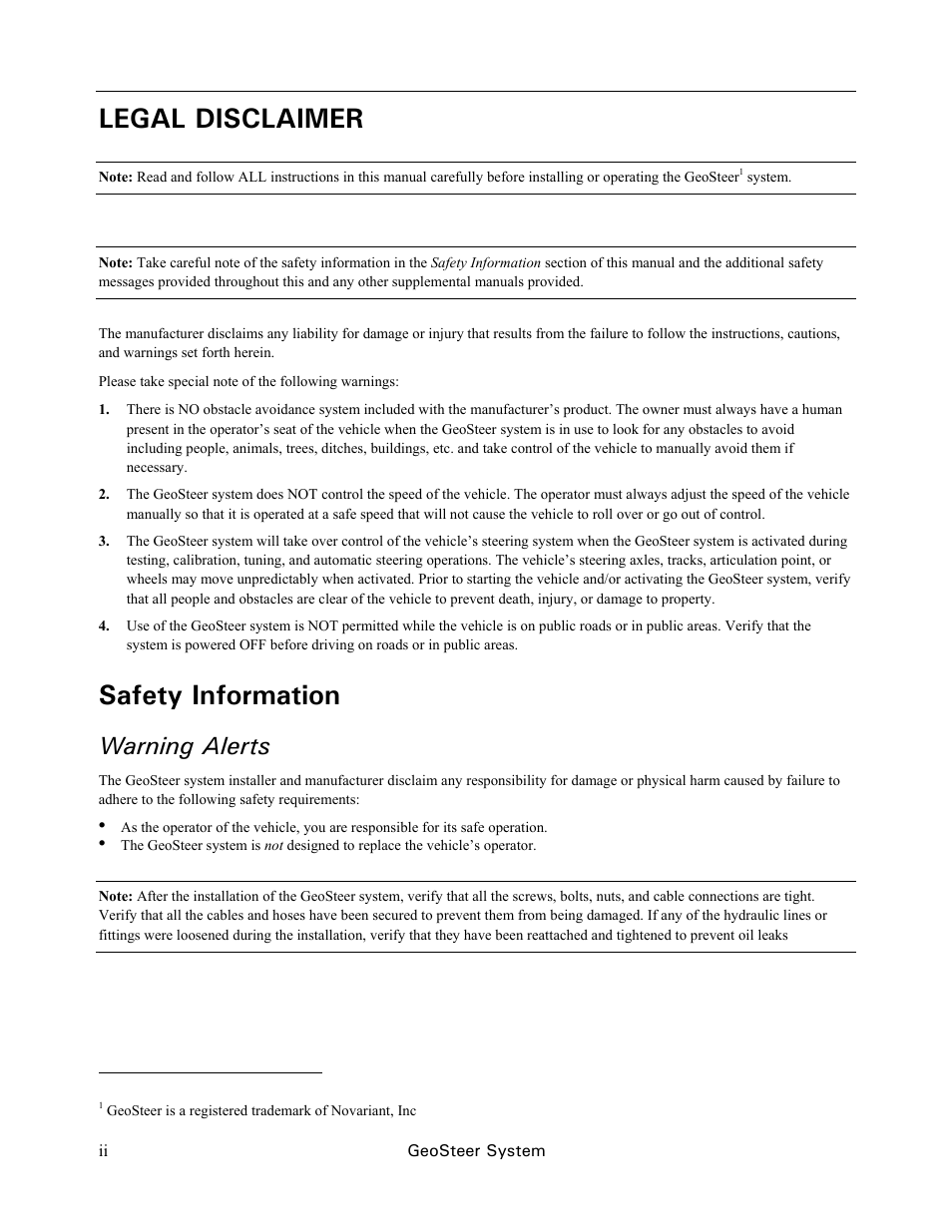 Legal disclaimer, Safety information, Warning alerts | Ag Leader GeoSteer Operation Manual User Manual | Page 4 / 157