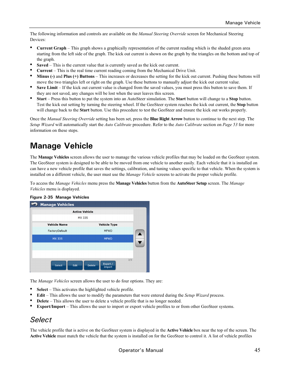 Manage vehicle, Select | Ag Leader GeoSteer Operation Manual User Manual | Page 59 / 157