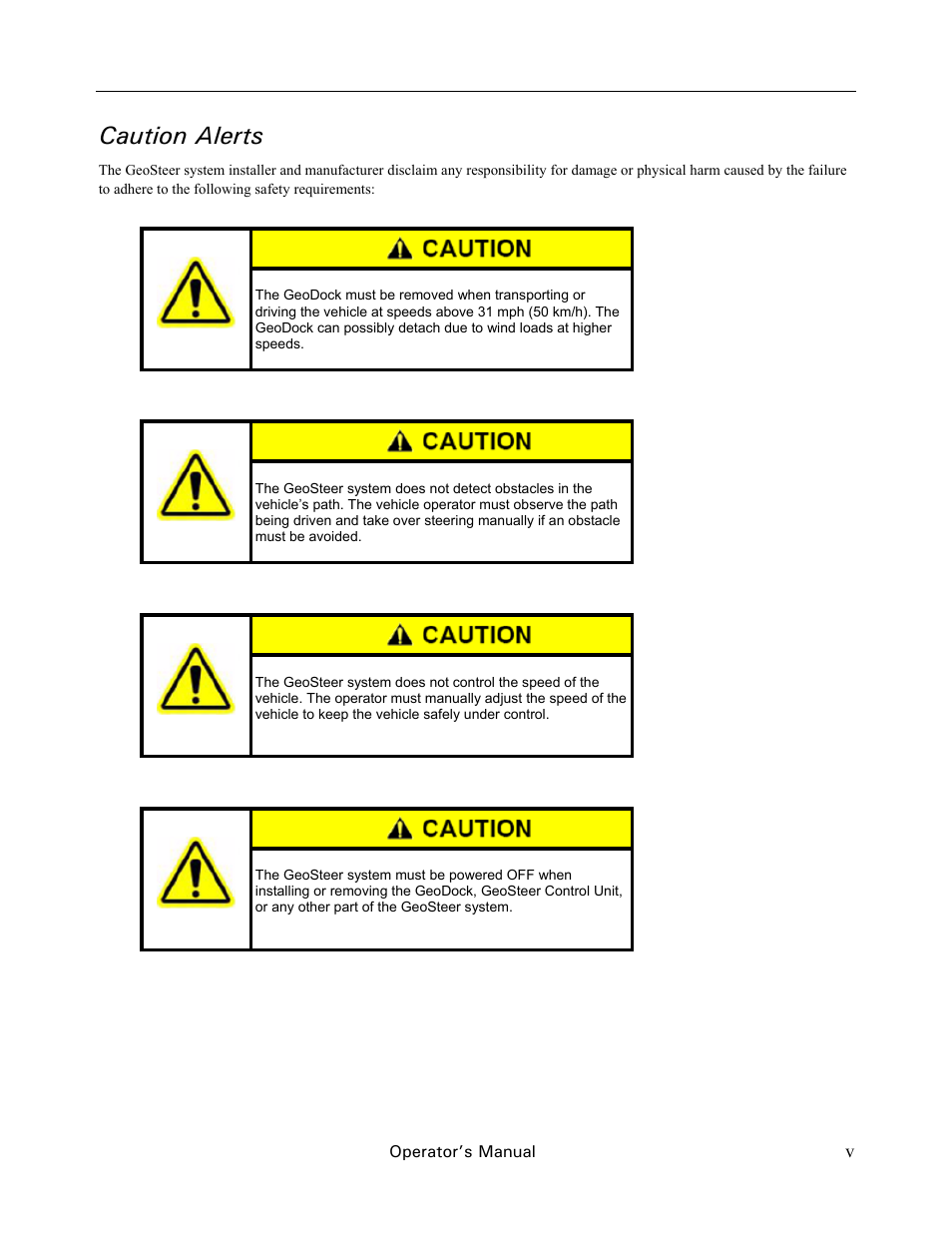 Caution alerts | Ag Leader GeoSteer Operation Manual User Manual | Page 7 / 157