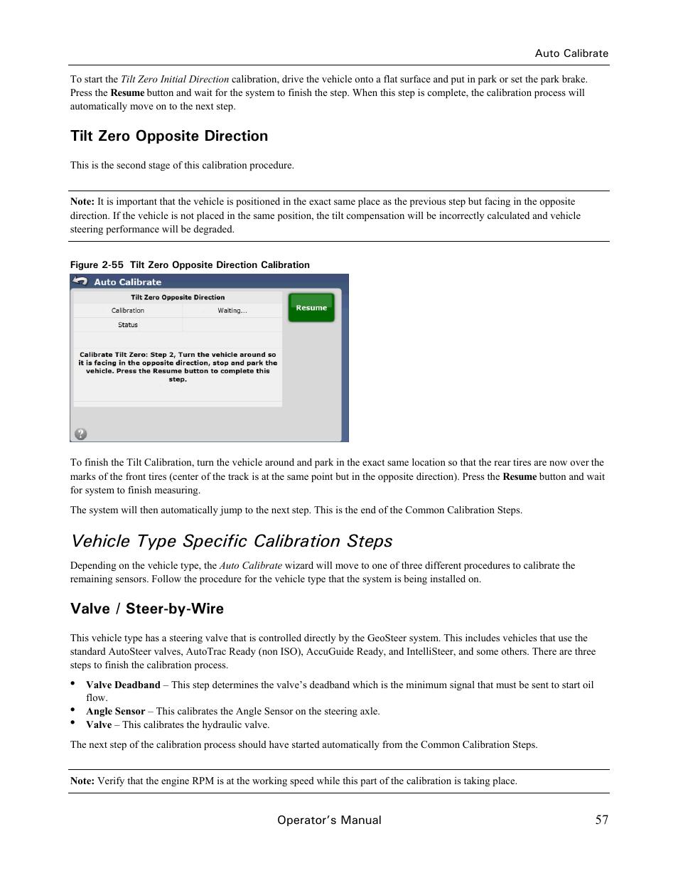 Vehicle type specific calibration steps, Tilt zero opposite direction, Valve / steer-by-wire | Ag Leader GeoSteer Operation Manual User Manual | Page 71 / 157