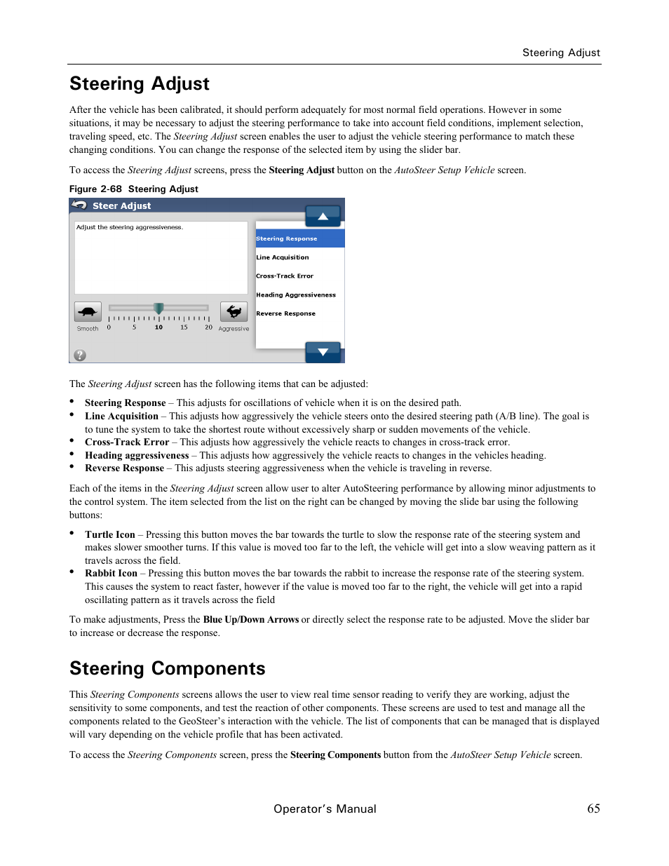 Steering adjust, Steering components | Ag Leader GeoSteer Operation Manual User Manual | Page 79 / 157