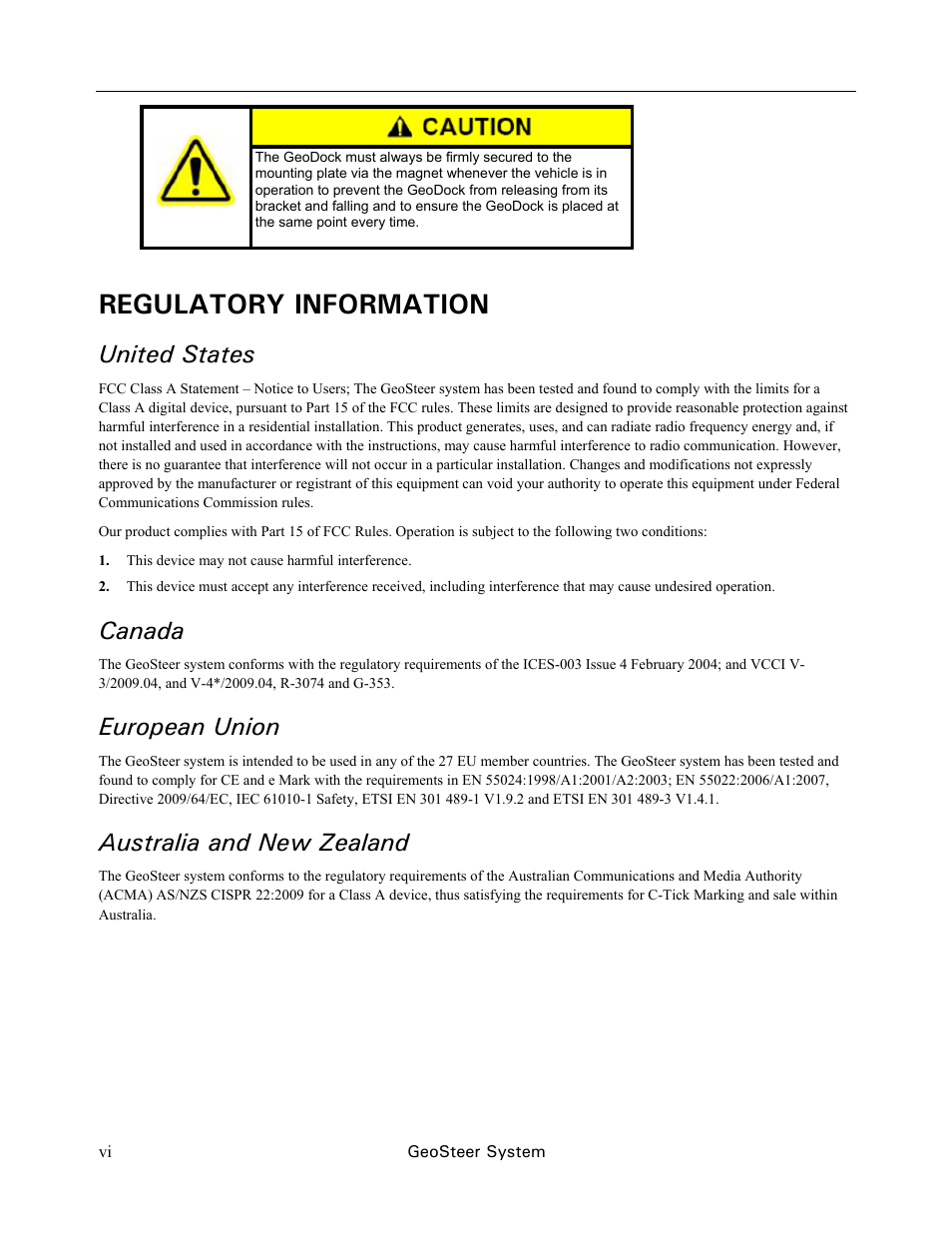 Regulatory information, United states, Canada | European union, Australia and new zealand | Ag Leader GeoSteer Operation Manual User Manual | Page 8 / 157