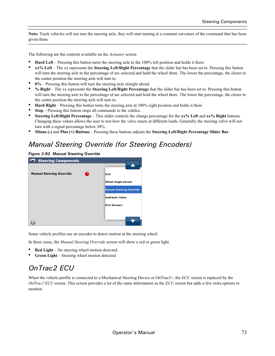 Manual steering override (for steering encoders), Ontrac2 ecu | Ag Leader GeoSteer Operation Manual User Manual | Page 87 / 157