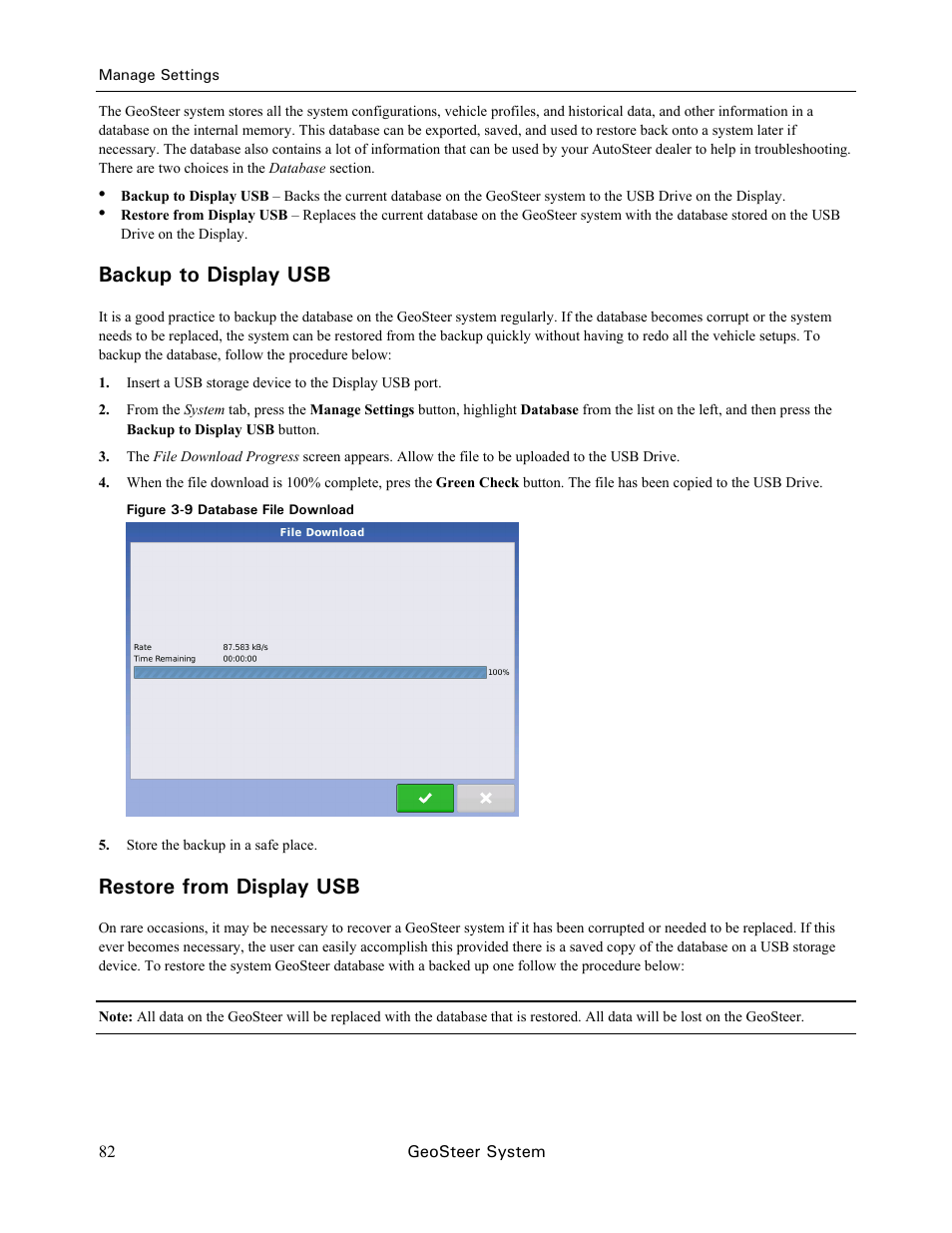 Backup to display usb, Restore from display usb | Ag Leader GeoSteer Operation Manual User Manual | Page 96 / 157