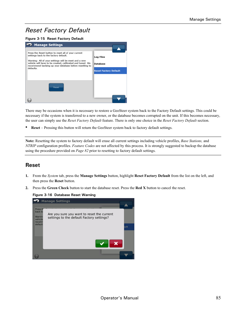 Reset factory default, Reset | Ag Leader GeoSteer Operation Manual User Manual | Page 99 / 157