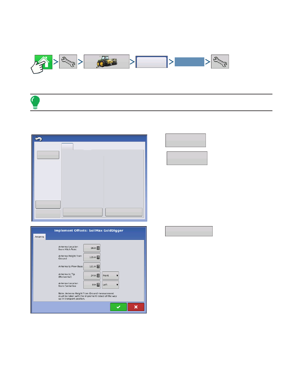 Setup tile controller, Configuration setup, Implement offsets | Configuration setup implement offsets, Onfiguration, Etup, Mplement, Ffsets | Ag Leader Intellislope Ver.5.2 Operation Manual User Manual | Page 13 / 46