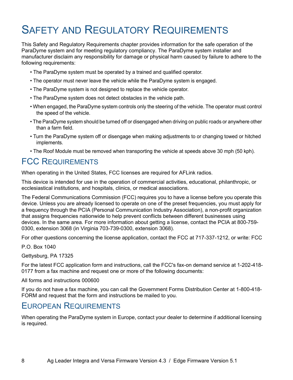 Safety and regulatory requirements, Fcc requirements, European requirements | Fcc requirements european requirements, Afety, Egulatory, Equirements, Fcc r | Ag Leader ParaDyme Operation Guide User Manual | Page 10 / 66