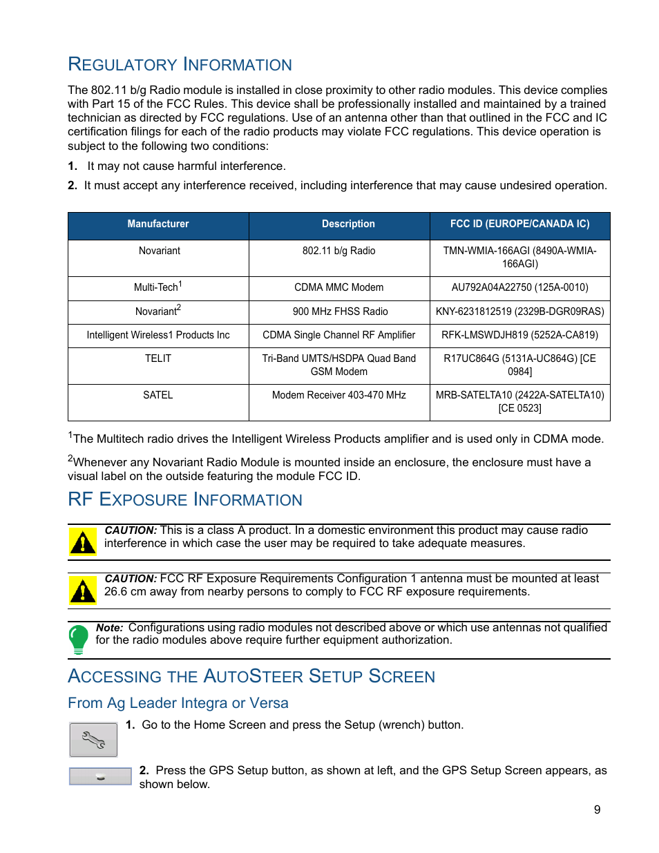 Regulatory information, Rf exposure information, Accessing the autosteer setup screen | From ag leader integra or versa, Rf e, Egulatory, Nformation, Xposure, Ccessing, Teer | Ag Leader ParaDyme Operation Guide User Manual | Page 11 / 66
