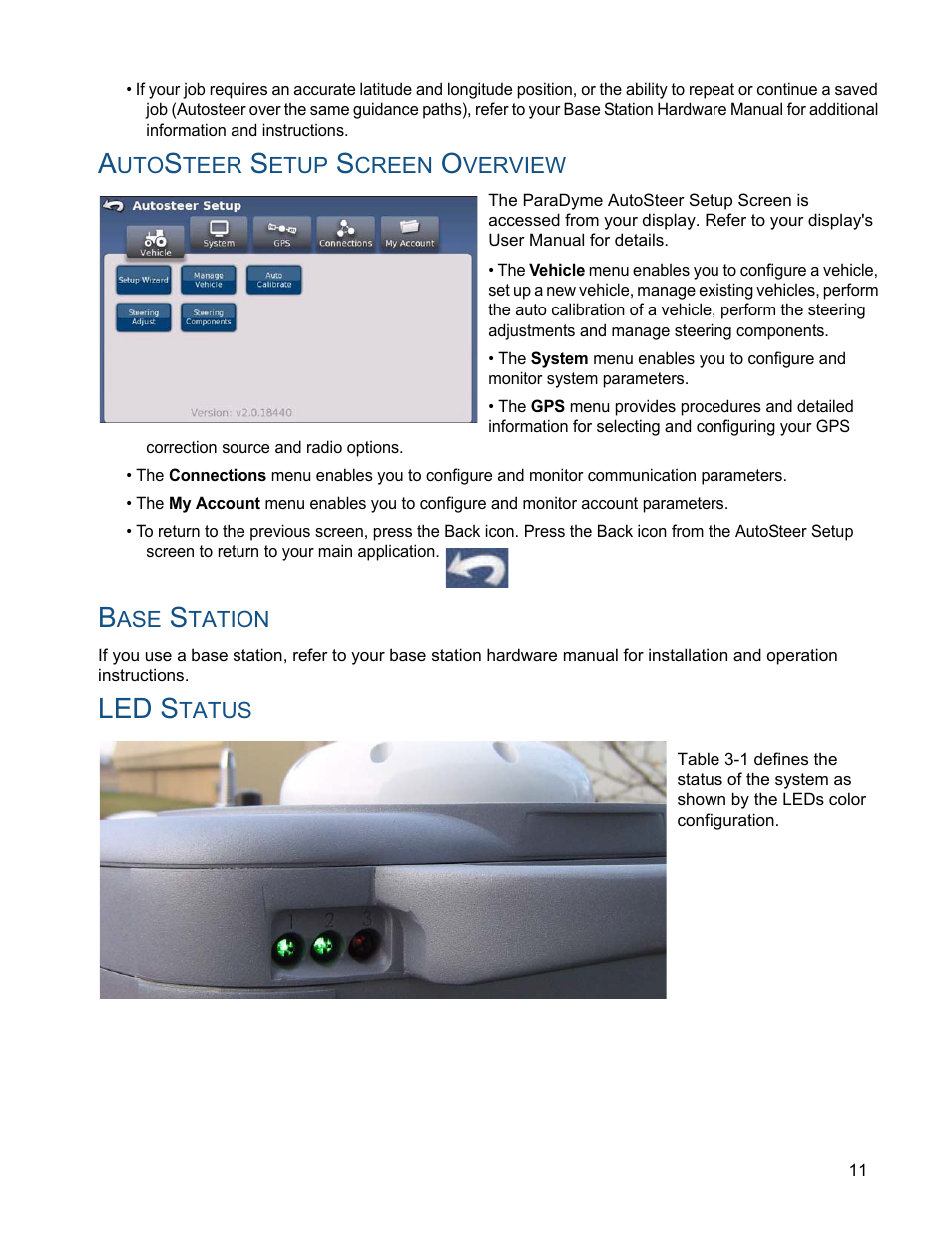 Autosteer setup screen overview, Base station, Led status | Led s | Ag Leader ParaDyme Operation Guide User Manual | Page 13 / 66