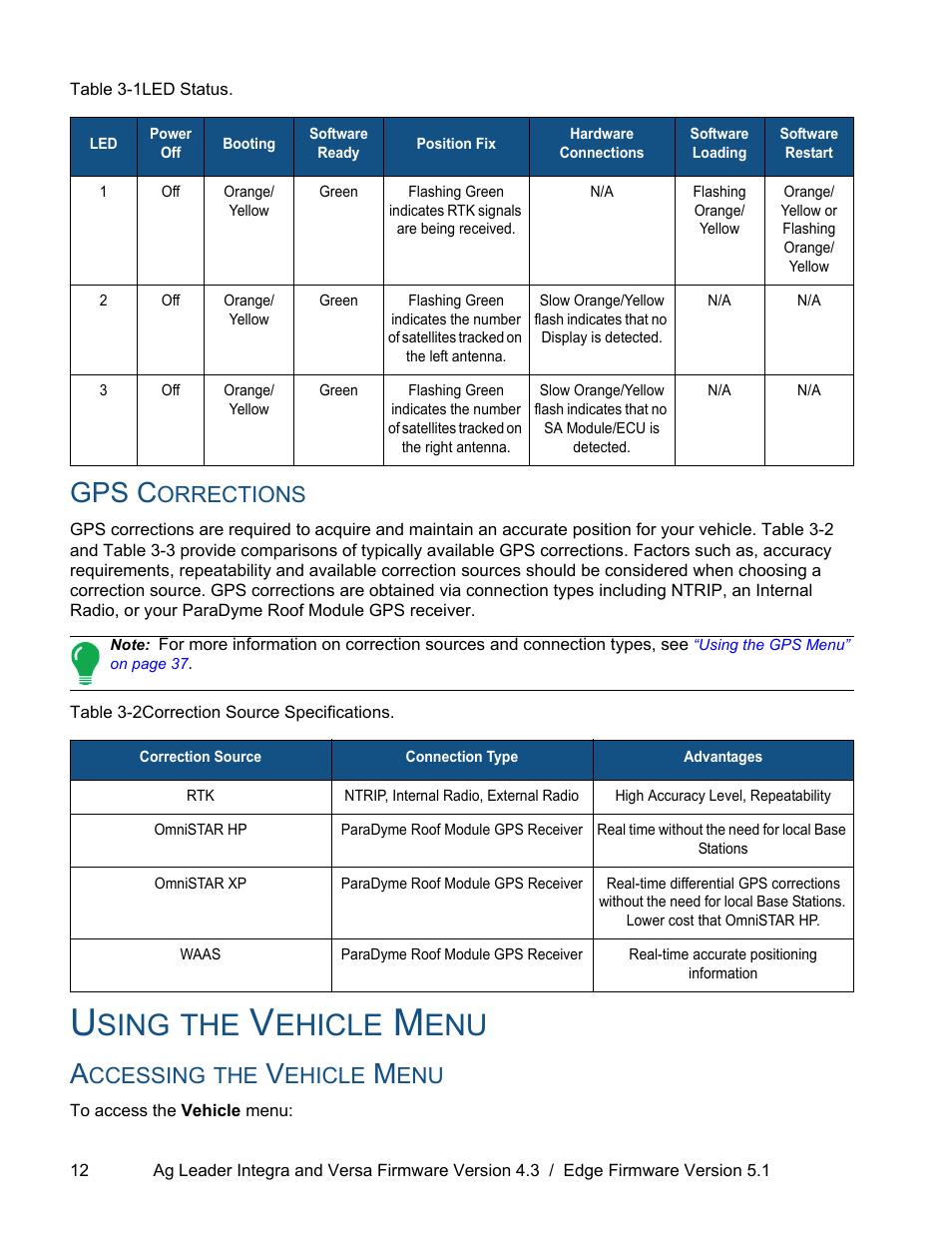 Gps corrections, Using the vehicle menu, Accessing the vehicle menu | Sing, Ehicle, Gps c, Orrections, Ccessing | Ag Leader ParaDyme Operation Guide User Manual | Page 14 / 66