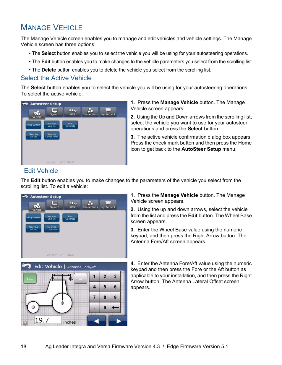 Manage vehicle, Select the active vehicle, Edit vehicle | Select the active vehicle edit vehicle | Ag Leader ParaDyme Operation Guide User Manual | Page 20 / 66