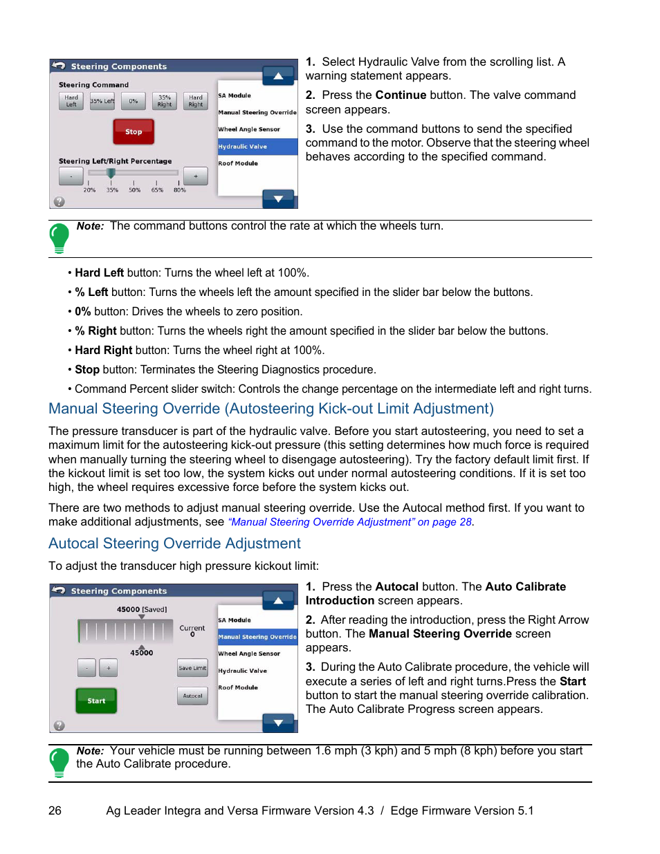 Autocal steering override adjustment, Manual steering | Ag Leader ParaDyme Operation Guide User Manual | Page 28 / 66