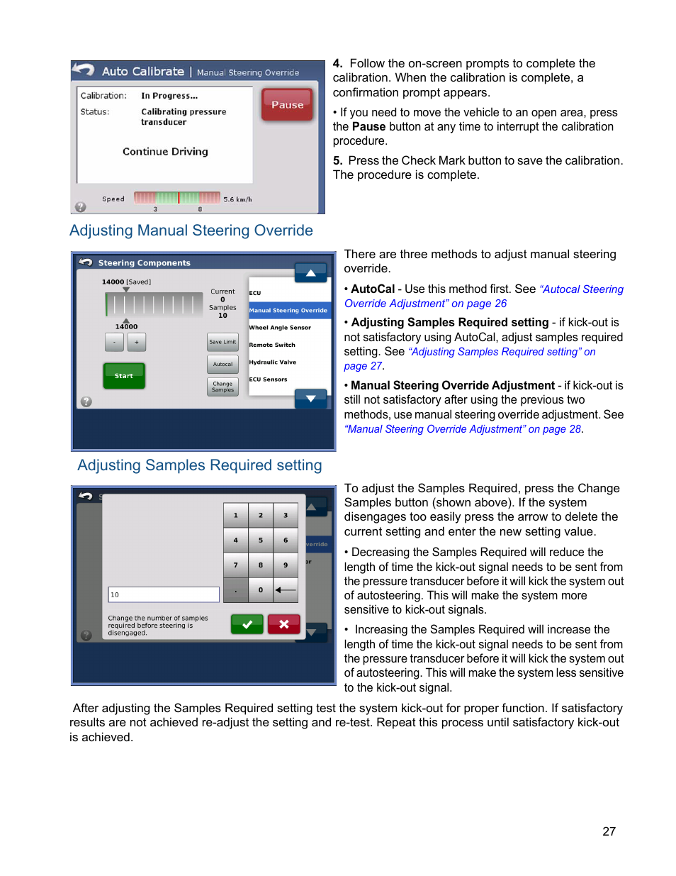 Adjusting manual steering override, Adjusting samples required setting | Ag Leader ParaDyme Operation Guide User Manual | Page 29 / 66