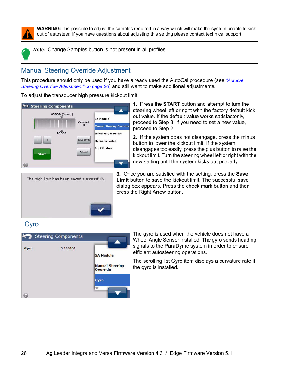 Manual steering override adjustment, Gyro, Manual steering override adjustment gyro | Ag Leader ParaDyme Operation Guide User Manual | Page 30 / 66