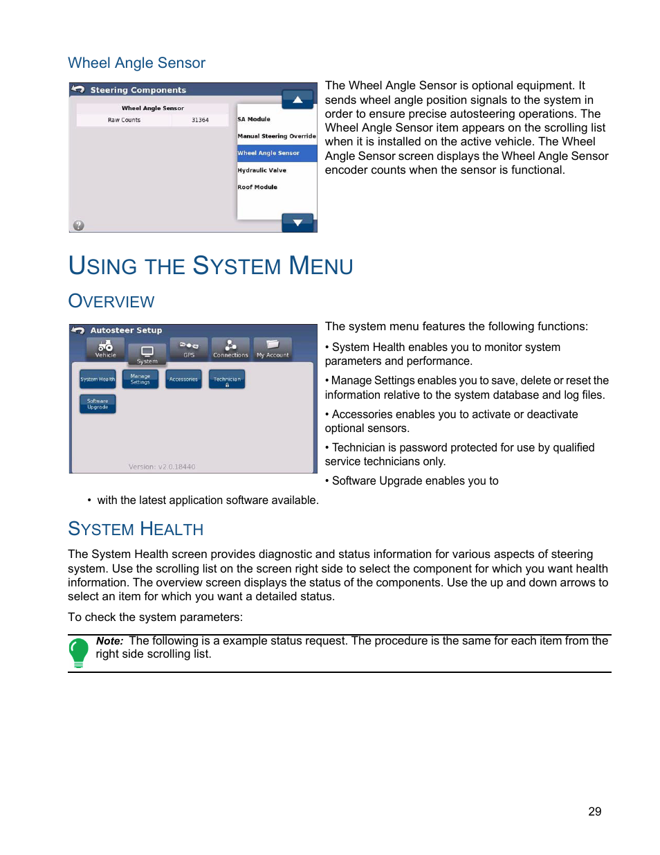 Wheel angle sensor, Using the system menu, Overview | System health, Sing, Ystem | Ag Leader ParaDyme Operation Guide User Manual | Page 31 / 66
