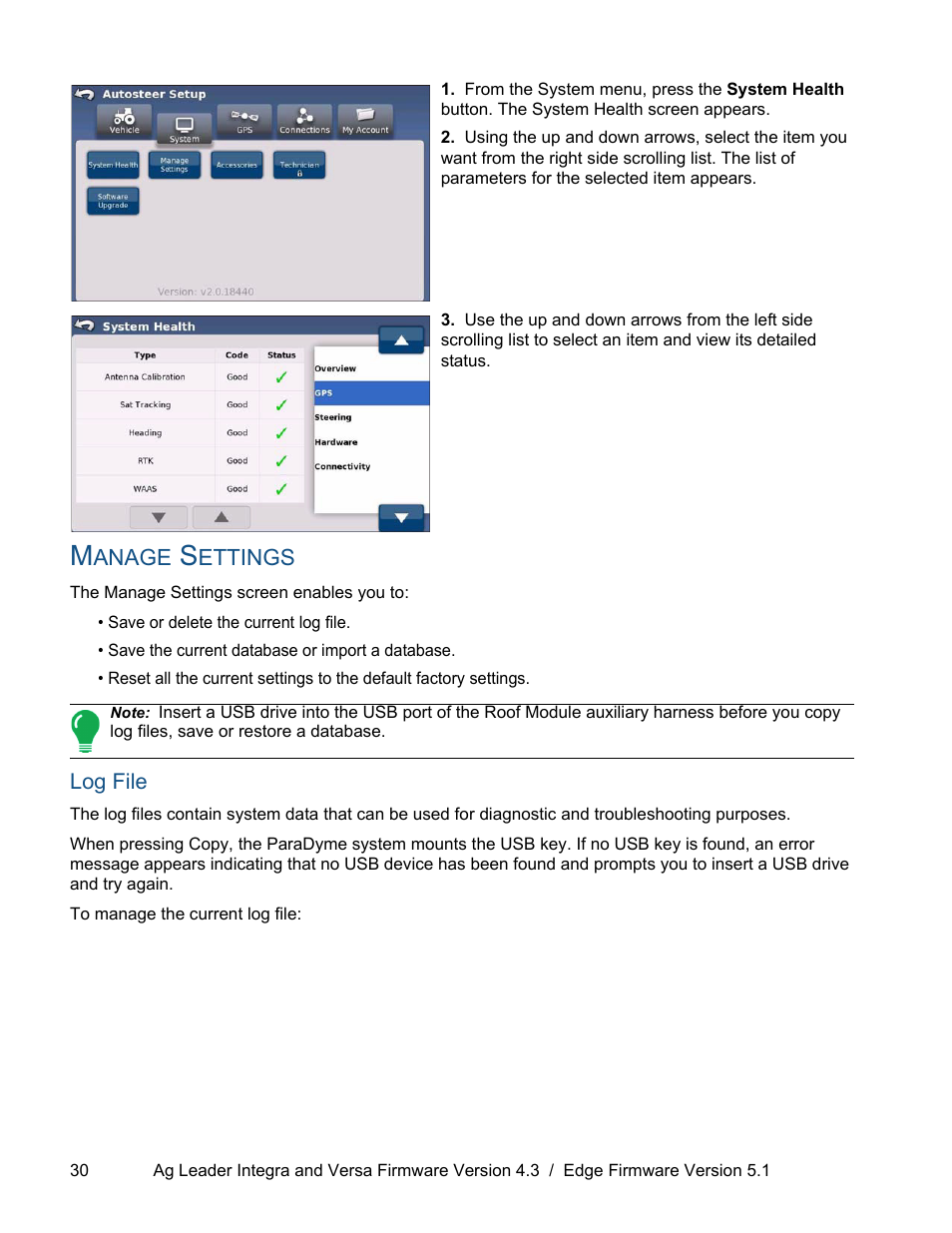 Manage settings, Log file | Ag Leader ParaDyme Operation Guide User Manual | Page 32 / 66