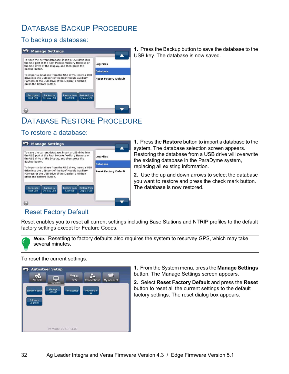 Database backup procedure, To backup a database, Database restore procedure | To restore a database, Reset factory default, To restore a database: reset factory default | Ag Leader ParaDyme Operation Guide User Manual | Page 34 / 66